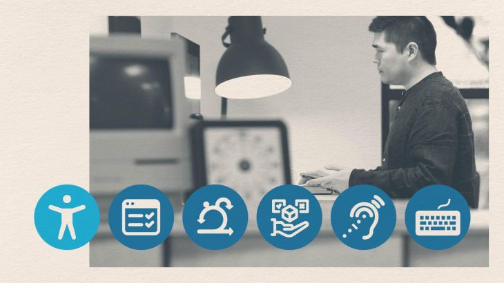 Accessibility icons shown at the bottom of an image showing Dave working