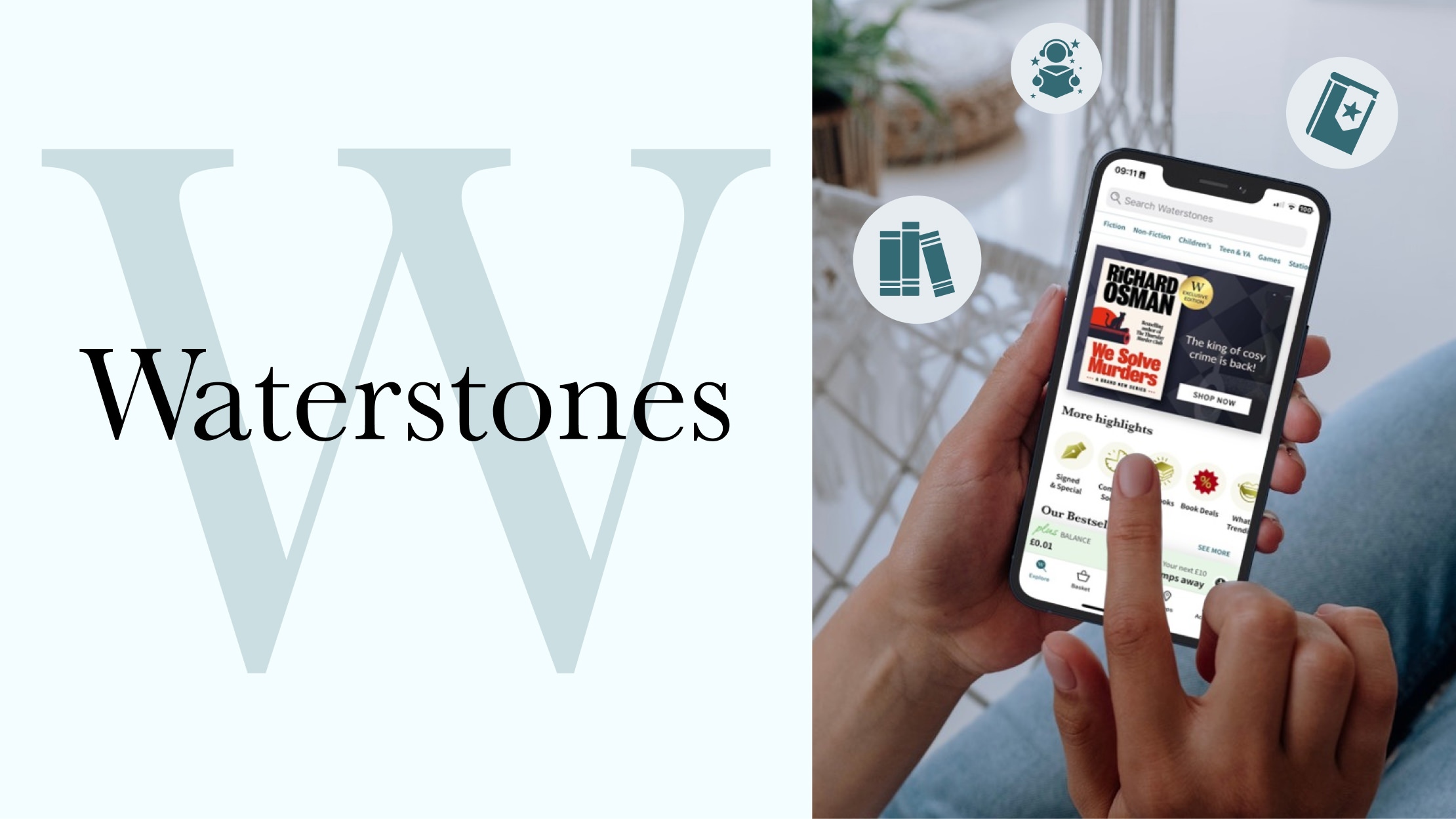 The Waterstones Logo and a person using the Waterstones E-Commerce app from their point of view.