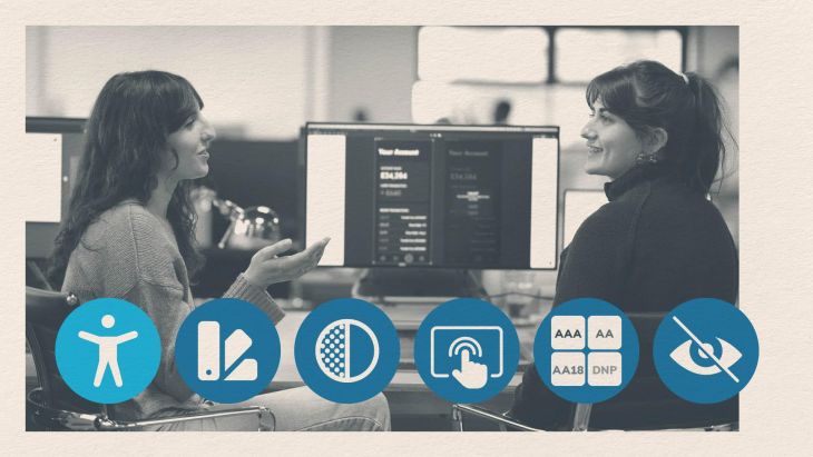 UX Designers at Brightec discussing their favourite tools to use, with added accessibility icons at the bottom of the photo