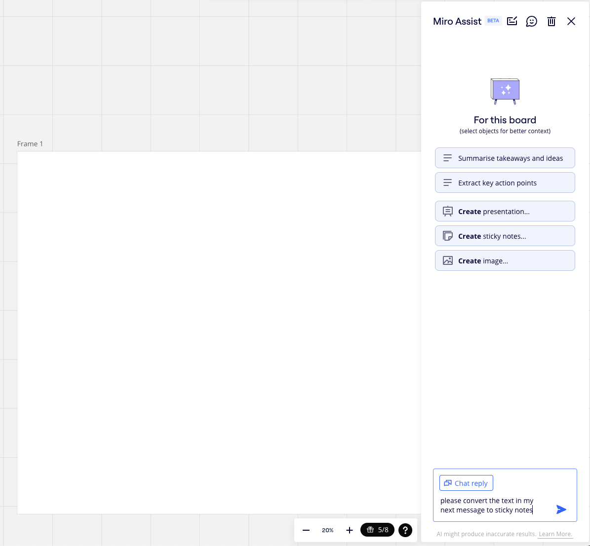 A screenshot of experimenting by pasting all the observations as a big chunk of text into the chatbot on the Miro Assist tool