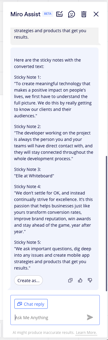 Miro Assist was able to accurately pull out each point into a sticky note, helpfully numbering them