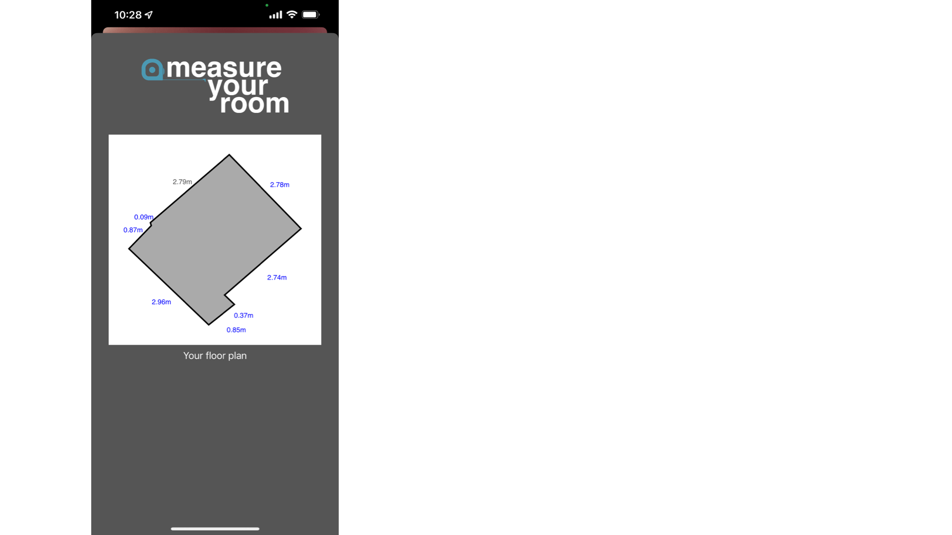 A screenshot of the layout of the room, along with measurements of each wall