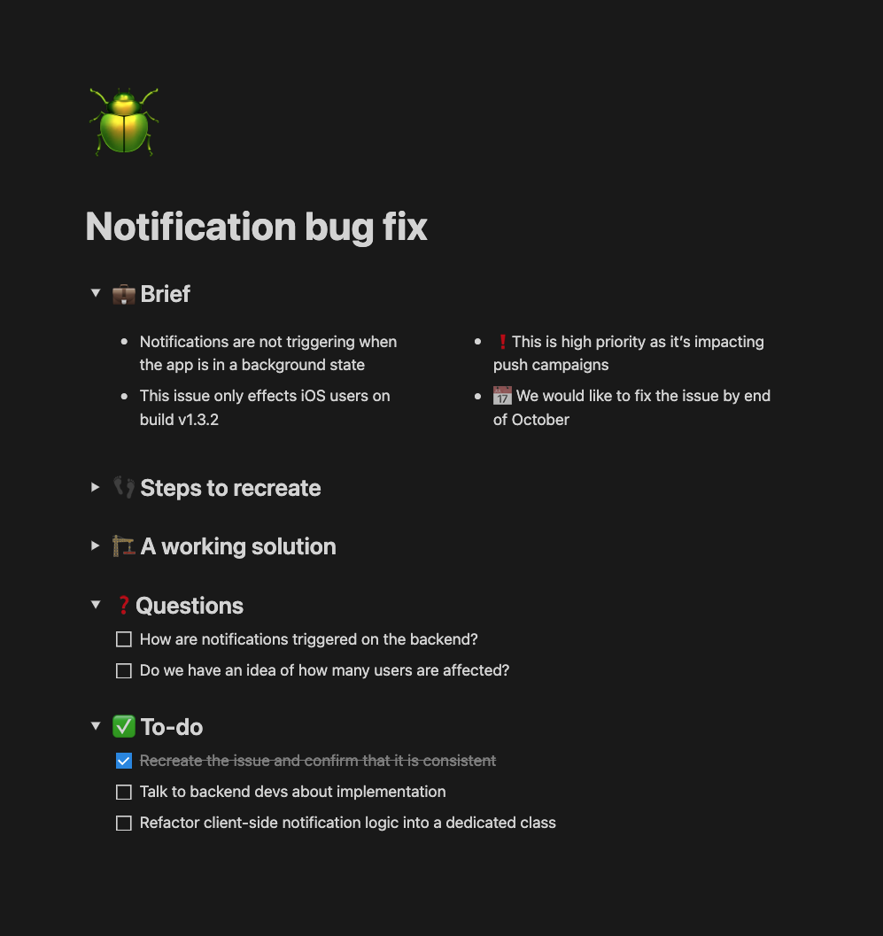 An example Notion page for a bug fix