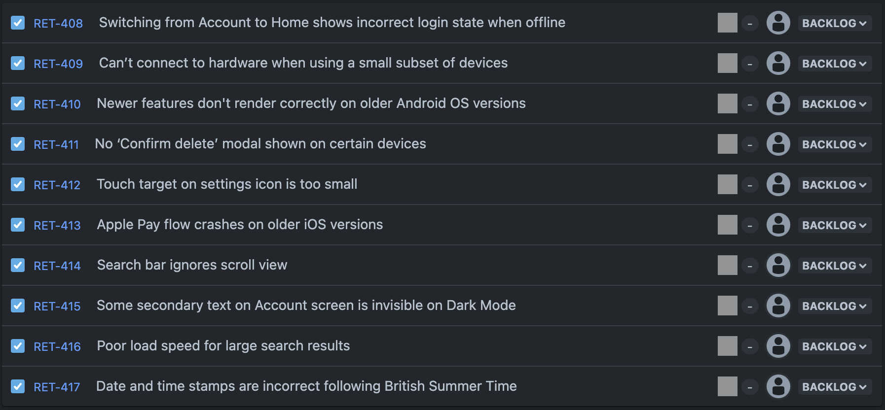 A screenshot of a hypothetical list of bugs in a backlog - the list shows the name of the issue and a ticket number