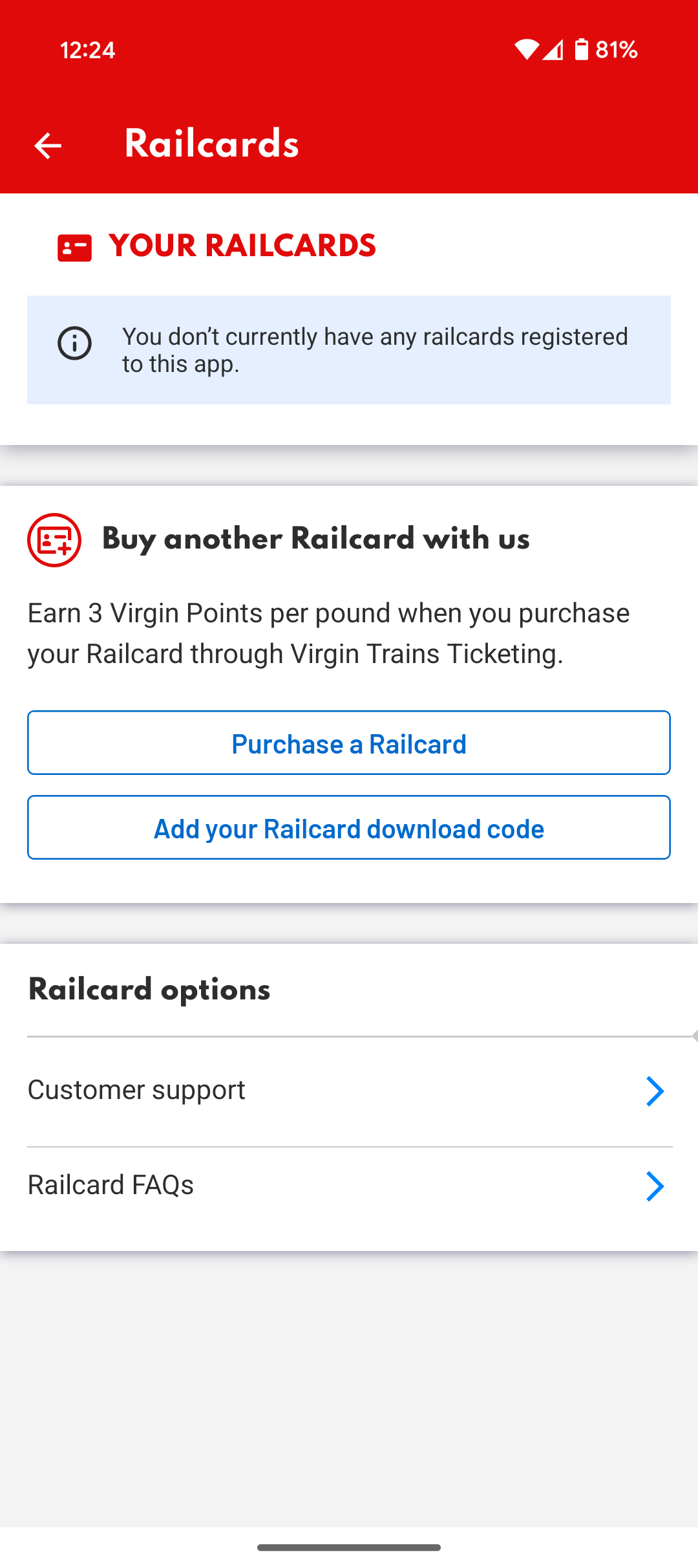 Screenshot showing Railcard home screen with no railcards added