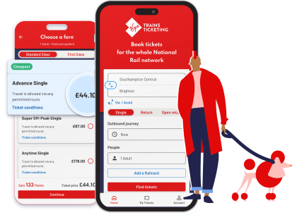 Two screens from the Virgin Trains Ticketing app, where lets customers buy train tickets while earning Virgin loyalty points.